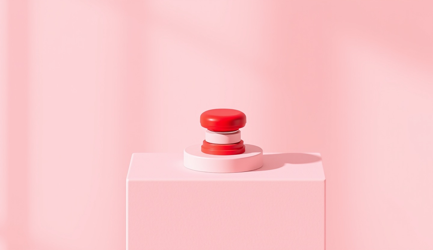 A single glossy red arcade push button on a minimal pastel pink pedestal
